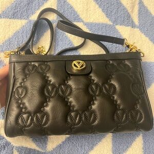Mario Valentino Quilted Black Shoulder Bag with Gold Details